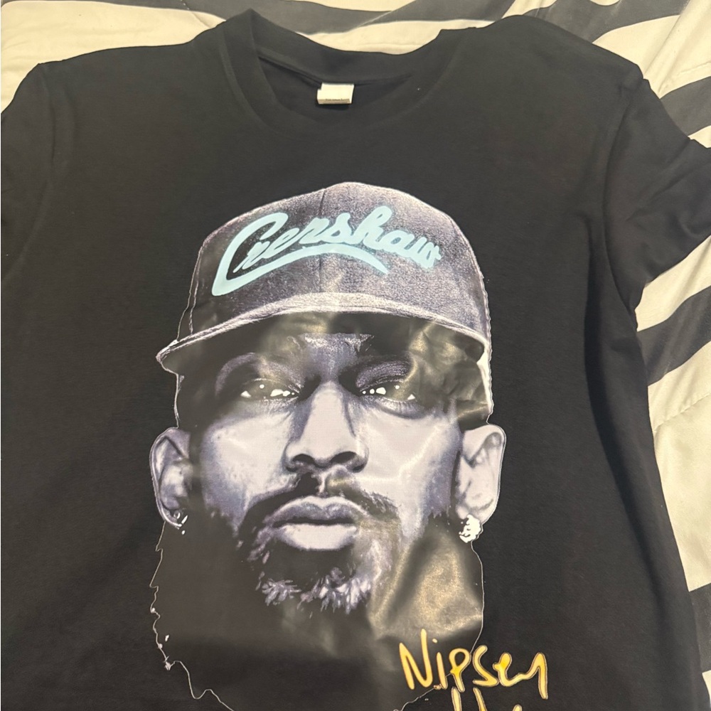 Black Graphic Tee with Blue Accent and Yellow Script